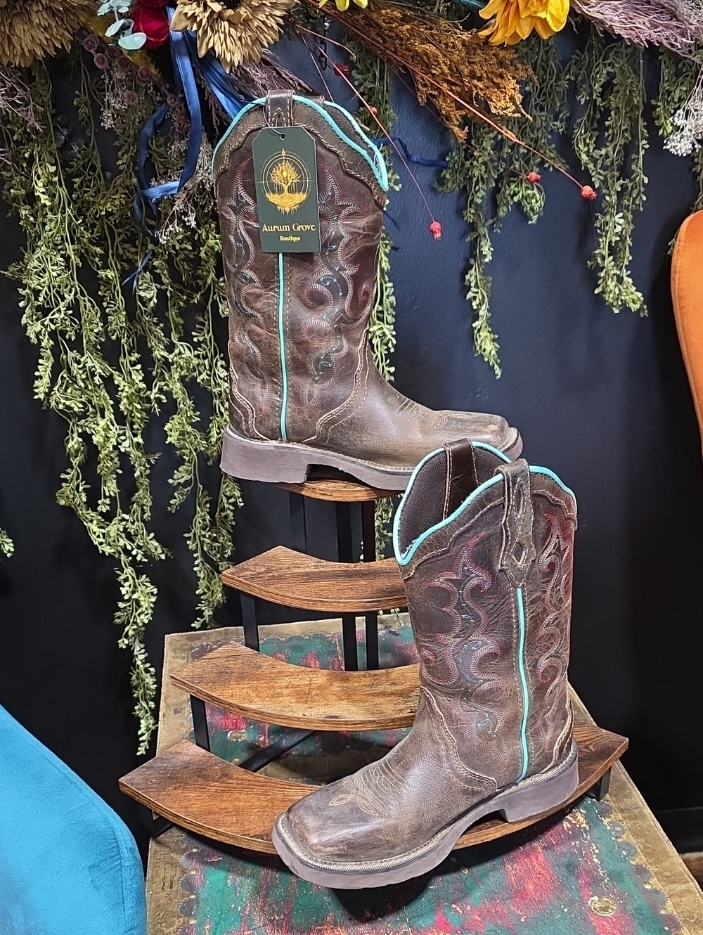 Justin Boots Brown Leather Heeled Western Boots with Turquoise Trim